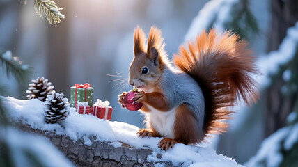 Cute Red Squirrel Holding Christmas Ornament Amidst Snowy Gifts and Pine Cones in Winter Forest