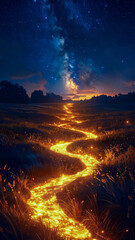 A Glowing Stream Meandering through a Twilight Meadow beneath a Star-Filled Sky and Galactic Wonder
