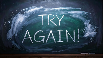Motivational Chalk Message Saying "Try Again!" Written Boldly on a Green Classroom Blackboard