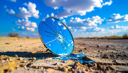 Shattered Round Mirror Reflecting a Bright Sky with Clouds on a Dry Desert Roadside