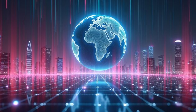 Digital glowing globe floats over futuristic city skyline at night with neon light streaks descending. Data points connect across cyber grid. Global network communication concept. Future tech.