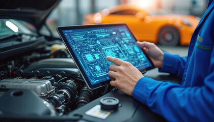 Mechanic uses tablet with augmented reality diagnostics software to inspect car engine. Technician analyzes data on screen in auto repair shop. Futuristic car maintenance. Future tech job.