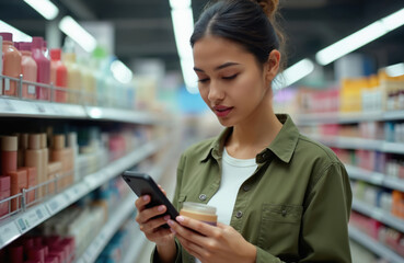 Young woman shops for beauty product. Compares prices on smartphone in store aisle. Customer researches cosmetics, makes informed purchase choice, uses mobile app for info. Modern consumerism with