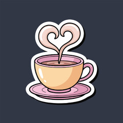 A cartoon illustration of a cup of coffee with heart shaped steam on a dark background sticker style