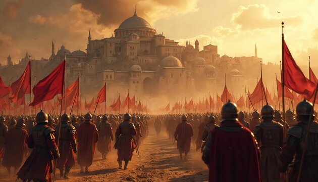 Ottoman army with red flags marches towards city walls under dusty orange sky. Soldiers wear armor and helmets, city has domes and minarets. Epic historical battle scene, grand siege atmosphere.