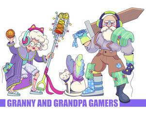 Funny granny and grandpa in costumes like video-game heroes. Vector illustration.