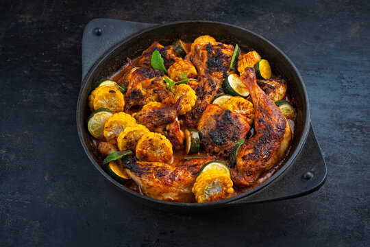 Authentical barbecue hot spicy chicken tandoori curry masala with grilled maiz corn and zucchini served as close-up in a pan