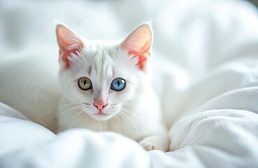 White cat with heterochromia rests on a fluffy white bed. One eye is blue, the other green, unique breed traits. Purebred pet relaxes indoors.