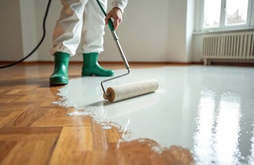 Fototapeta premium Worker in white protective suit, green boots applies liquid coating to wooden floor using roller. Home renovation project starts creating new epoxy surface. Parquet floor transforms. Modern durable