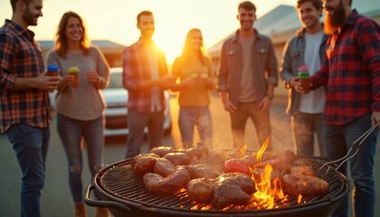Group of friends gather in parking lot for tailgating party before game. Grill food on barbecue, enjoy drinks, company. People relax, fun, show enthusiasm, excitement. Friends share laughs, await