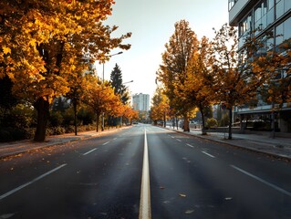 Obraz premium Autumn city street with no cars – empty road in fall