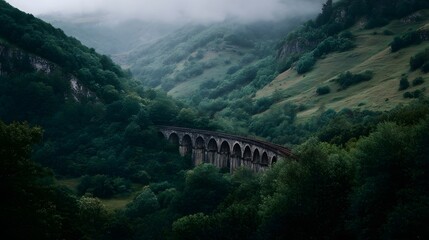 A scenic stone railway viaduct arches through a lush misty valley surrounded by dense green hills and foliage under an overcast sky