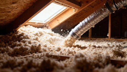 Close medium view of cellulose insulation being blown into attic space for improved thermal performance.