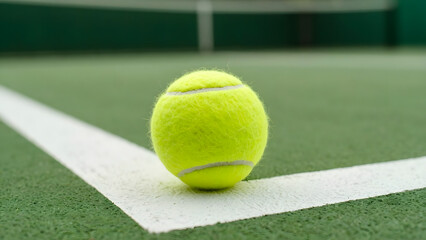 Close-up of a bright yellow tennis ball on the white line of a green court