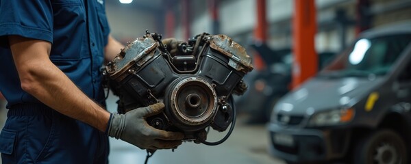 Auto mechanic holds damaged car engine in service station. Man in blue uniform and gloves examines broken engine. Car repair and maintenance in garage. Vehicle engine part inspection.