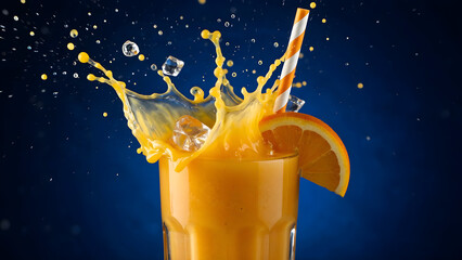 Orange juice splash with orange slice and straw against a blue background