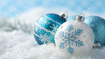 Blue White Christmas Ornaments Decoration in Snow Festive Holiday Season Celebration