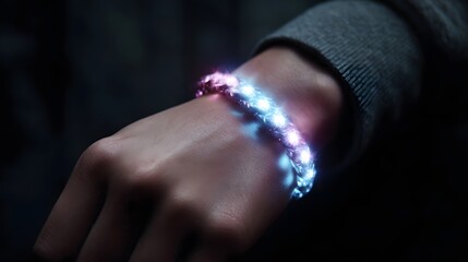 A close up view of a futuristic bracelet with vibrant blue and pink lights glowing brightly on a person s wrist