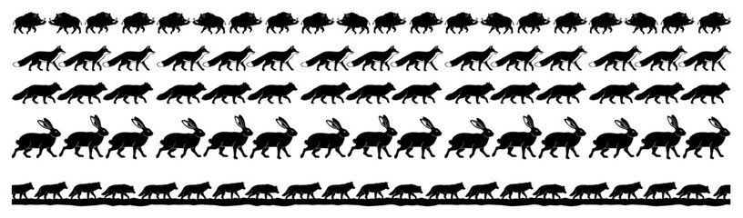 Forest animals seamless border collection Vector silhouette set with wild boar fox hare and wolf