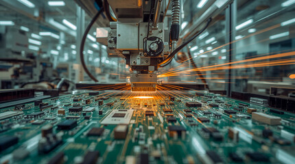 Obraz premium Automated manufacturing equipment sparks and glows as it works on a complex green circuit board in a modern factory setting.