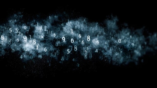 Abstract digital numbers swirl and flow in a dark ethereal cloud formation