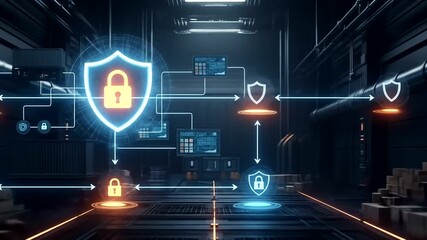 Digital security network with glowing shields in a high-tech warehouse - Powered by Adobe