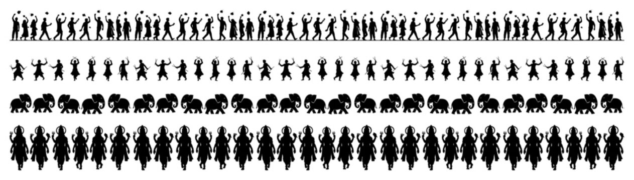 Seamless border silhouette collection with graduates Indian dancers elephants and Lakshmi goddess
