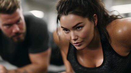 Fototapeta premium Couple engaged in a strenuous plank exercise at the gym
