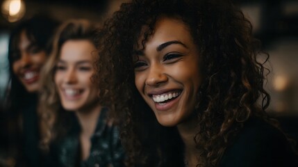 Fototapeta premium A diverse group of young women friends sharing a happy moment and laughing together in a warm indoor setting