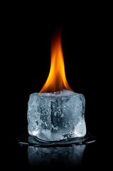 A visually striking and thought-provoking image features a vibrant orange flame burning atop a solid block of clear ice against a deep black background. The contrasting elements of intense heat and ex