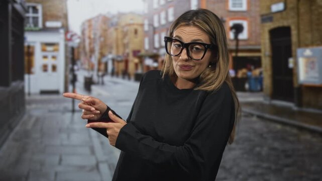 Young blonde woman wearing glasses and black sweater pointing finger to the left on a wet city street with visible hands and nails; wry skepticism.