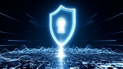 Futuristic digital shield with keyhole over a glowing cityscape background - Powered by Adobe