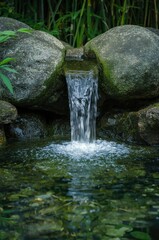 This image captures a serene and refreshing scene of clear water cascading over moss-covered rocks into a tranquil pool. The gentle waterfall creates soft ripples and delicate bubbles on the surface o
