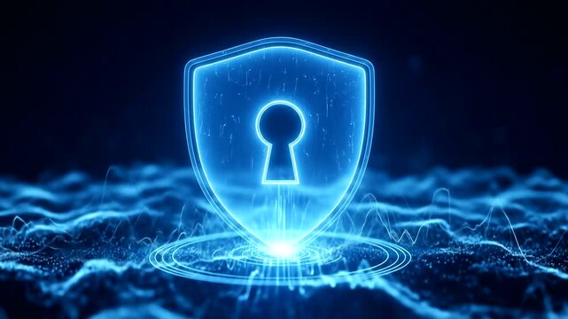 Futuristic digital shield with keyhole on abstract blue background