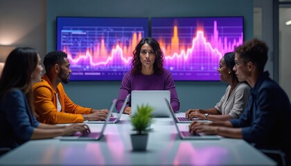 Diverse business team works on laptops around table. Woman in purple leads meeting in modern office. Graphs display on large screens. People collaborate using tech for project strategy, data analysis.