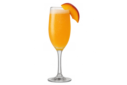 Bellini cocktail with peach slice and sparkling orange drink in a champagne glass, a refreshing alcoholic beverage