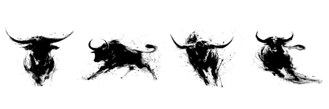 Chinese ox zodiac illustration with expressive black ink splatter brush painting representing strength and fortune