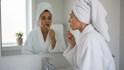 Woman brushing teeth in bathroom mirror, wearing a bathrobe and towel on her head