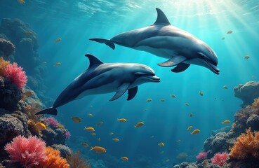 Fototapeta premium Two dolphins swim over colorful coral reef with small fish. Sun rays penetrate deep blue ocean water. Marine animals in natural habitat swim peacefully.