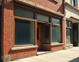 Exterior view of an empty brick storefront. Frosted windows and a blank sign space offer design potential. Old building facade in sunny urban setting.