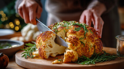 Close-up of carving knife paused above roasted cauliflower crown, vegan main stage, Thanksgiving, vegan, cauliflower roast, carving, plant based, feast, innovation, culinary, with 