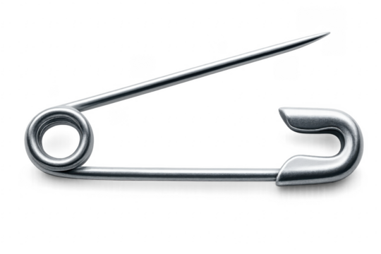 Silver metal safety pin on transparent background