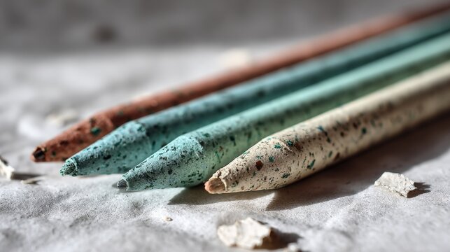 Closeup of biodegradable pens lying on recycled paper emphasizing green alternatives for everyday writing tasks in an ecoconscious workspace.