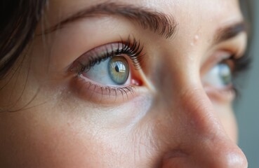 Extreme close up side view of a human eye showing iris and pupil detail. Detailed macro shot of a green and blue eye with long lashes, focus on the human eyeball surface.