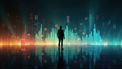Man in silhouette stands before glowing digital data charts, graphs in futuristic cityscape. Abstract financial analysis, data visualization creates insightful business trends for decision making.
