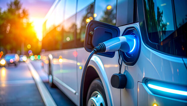 Electric Bus Charging: A modern electric bus, connected to a charging station, signifies the dawn of sustainable transport.