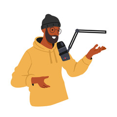 Hipster man cartoon character speaking into studio microphone recording live audio podcast