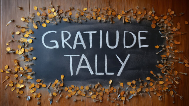 Chalkboard wall with a “Gratitude tally” of tiny chalk marks added by guests, Thanksgiving, chalkboard, gratitude, participation, party, interactive, community, wall art, with copy