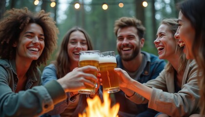 Diverse group cheers with beers near bonfire in woodland. Happy people enjoy time together outdoors. Friends celebrate party with alcohol beverage, relax near the campfire. Group hangout outdoors.