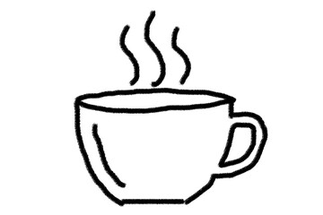 Hand-drawn, fuzzy outline sketch of a steaming hot beverage in a simple cup or mug.